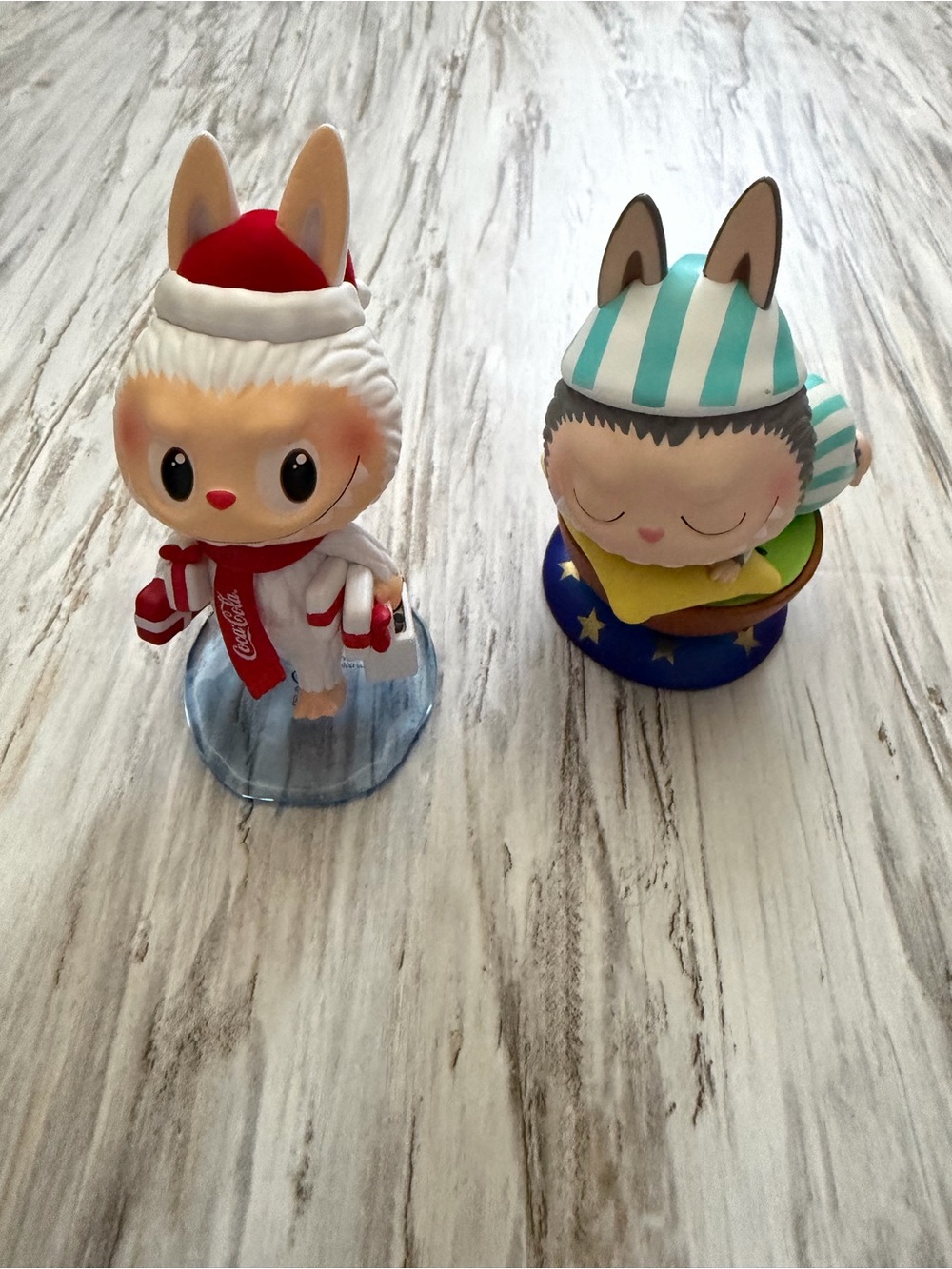 Popmart Labubu Coca Cola Red-White Holiday Bunny and Labubu Teal-Striped pj